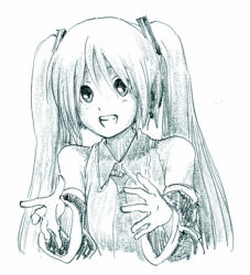 Rule 34 | 1girl, :d, commentary request, detached sleeves, graphite (medium), greyscale, hair between eyes, hatsune miku, long hair, lowres, monochrome, necktie, open mouth, potters wheel pose, simple background, smile, soichi, solo, traditional media, twintails, vocaloid, white background
