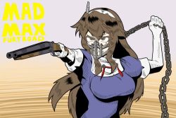 Rule 34 | 10s, ashigara (kancolle), atee (ate robo521), breasts, brown eyes, brown hair, chain, clenched teeth, double-barreled shotgun, double barrels, dress, elbow gloves, gloves, gun, hairband, kantai collection, large breasts, long hair, mad max, mad max: fury road, mask, mouth mask, multiple-barrel firearm, muzzle, sawed-off shotgun, shotgun, side-by-side-barreled shotgun, solo, teeth, translation request, weapon