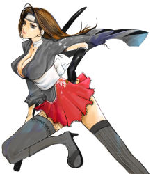 Rule 34 | 1girl, bandages, black thighhighs, breasts, brown eyes, brown hair, cleavage, fishnets, hand on own hip, high heels, hip focus, japanese clothes, katana, kazaana, large breasts, long hair, original, shoes, solo, sword, thighhighs, weapon