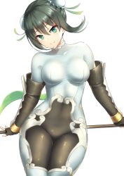 Rule 34 | 1girl, black bodysuit, black hair, bodysuit, breasts, bun cover, chinese clothes, covered navel, double bun, fate/grand order, fate (series), fingerless gloves, gloves, green eyes, holding, holding weapon, looking at viewer, medium breasts, multicolored bodysuit, multicolored clothes, pinta (ayashii bochi), polearm, qin liangyu (fate), sidelocks, simple background, skin tight, smile, solo, weapon, white background, white bodysuit