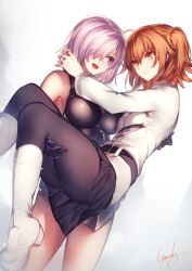 Rule 34 | 2girls, :d, ahoge, arms around neck, ass, asymmetrical docking, bare shoulders, belt, belt buckle, black belt, black pantyhose, black skirt, boots, breast press, breasts, buckle, carrying, closed mouth, couple, fate/grand order, fate (series), fujimaru ritsuka (female), genyaky, gloves, hair between eyes, hair ornament, hair over one eye, hair scrunchie, hairband, hand on another&#039;s back, high heel boots, high heels, knee boots, large breasts, long sleeves, mash kyrielight, miniskirt, multiple girls, open mouth, orange hair, pantyhose, princess carry, purple eyes, purple hair, scrunchie, shirt, short hair, side ponytail, signature, simple background, skin tight, skindentation, skirt, small breasts, smile, standing, upper body, white background, white footwear, white shirt, yellow eyes, yuri