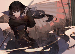 Rule 34 | &gt;:(, 1girl, alternate costume, artist name, belt, belt buckle, black coat, black hair, blue eyes, buckle, buttons, closed mouth, coat, commentary request, cowboy shot, double-breasted, floating hair, glint, gloves, holding, holding sword, holding weapon, katana, kawacy, kill la kill, kiryuuin satsuki, light rays, long hair, long sleeves, looking at viewer, ruins, sanpaku, solo, sunbeam, sunlight, sword, thick eyebrows, town, weapon, white gloves, wind