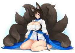 Rule 34 | 1girl, animal ears, anklet, braid, breasts, brown hair, cleavage, cleavage cutout, clothing cutout, commission, fox ears, fox girl, fox tail, hair between eyes, high ponytail, japanese clothes, jewelry, kitsune, kneeling, kyuubi, long hair, mole, mole under eye, multiple tails, original, panties, pantyshot, plantar flexion, simple background, sitting, smile, solo, tail, thighs, underwear, wariza, zcune