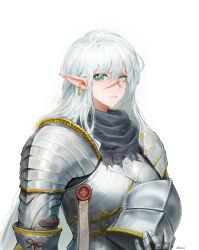 Rule 34 | 1girl, absurdres, arecus, armor, artist name, chinese commentary, closed mouth, earrings, elf, full armor, green eyes, unworn headwear, helmet, unworn helmet, highres, holding, holding helmet, jewelry, knight, long hair, looking at viewer, original, partially blind, pauldrons, pointy ears, scar, scar across eye, scar on face, scar on nose, serious, shoulder armor, solo, upper body, white background, white hair