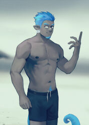 Rule 34 | 1boy, abs, absurdres, arknights, bara, colored skin, cowboy shot, earrings, ethan (arknights), facial hair, goatee, grey skin, highres, jewelry, looking at viewer, male focus, navel, nipples, pointy ears, short hair, sideburns, solo, standing, stomach, thick navel hair, topless male, yu zhu