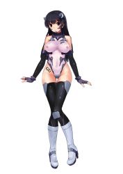 Rule 34 | 1girl, absurdres, armlet, arms at sides, barcode, bare shoulders, black gloves, black hair, black thighhighs, blunt bangs, blush, bodysuit, boots, bracer, breasts, breasts apart, brown eyes, closed mouth, covered erect nipples, covered navel, crotch plate, elbow gloves, fingerless gloves, full body, gloves, gorget, grey gloves, groin, halterneck, headgear, headpiece, headset, high heel boots, high heels, highleg, highleg leotard, highres, hip focus, knee boots, knee pads, large breasts, legs together, leotard, lips, long hair, looking at viewer, mr.blackcat666, nipples, number tattoo, original, parted bangs, pubic tattoo, purple eyes, purple gloves, science fiction, see-through, shiny clothes, shiny skin, simple background, skin tight, solo, standing, straight hair, tattoo, taut clothes, thigh gap, thighhighs, transparent background, turtleneck, white background, white footwear