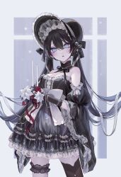 Rule 34 | 1girl, asymmetrical legwear, black bow, black dress, black gloves, black hair, black thighhighs, blue eyes, bow, candle, commentary, cross, dress, dress bow, english commentary, flower, gloves, gothic lolita, hat, highres, holding, holding candle, lolita fashion, long hair, magako, mismatched legwear, original, single thighhigh, solo, thigh strap, thighhighs, twintails, white bow