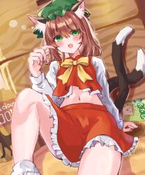 Rule 34 | 1girl, :3, :d, alternate eye color, animal ear fluff, animal ears, arm support, bare legs, bow, bowtie, cat ears, cat tail, chen, commentary request, earrings, eyes visible through hair, fang, foot out of frame, frills, green eyes, green hat, hair between eyes, hand up, hat, highres, jewelry, knee up, long sleeves, looking at viewer, medium hair, midriff, mob cap, multiple tails, nail polish, navel, nekomata, open mouth, pet food, petticoat, red nails, red skirt, red vest, single earring, sitting, skirt, skirt set, smile, solo, squeans, tail, touhou, two tails, user kkhg2783, vest, yellow bow, yellow bowtie
