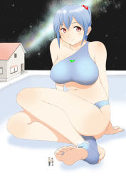 Rule 34 | 1boy, 2girls, arm support, arms behind back, artist request, black legwear, black pants, black skirt, blue hair, brown hair, character request, copyright request, feet, full body, galaxy, giant, giantess, hands on own hips, house, jewelry, looking at viewer, milky way, multiple girls, navel, night, night sky, no shoes, pants, red eyes, school uniform, serafuku, short hair, size difference, skirt, sky, smile, socks, soles, star (sky), toe ring, toeless legwear, toes