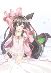 Rule 34 | animal ears, arm up, bed, black hair, blush, chigusa hana, chigusa hana channel, collarbone, commentary request, fox ears, fox tail, green eyes, hair between eyes, hair ornament, headband, highres, jacket, kneeling, long hair, one eye closed, open mouth, ribbon, simple background, tail, tears, virtual youtuber, white background, yawning