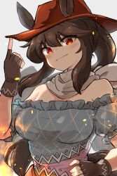 Rule 34 | 1girl, animal ears, bandana, bare shoulders, blue shirt, blush, breasts, brown hair, closed mouth, commentary request, cowboy hat, ears through headwear, fingerless gloves, frills, gloves, grey background, hair between eyes, hand on own hip, hand up, hat, horse ears, kurokoma saki, large breasts, long hair, looking at viewer, off-shoulder shirt, off shoulder, ponytail, red eyes, shirt, simple background, smile, solo, touhou, uisu (noguchipint), upper body, v-shaped eyebrows