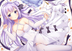Rule 34 | 1girl, ahoge, azur lane, bare shoulders, bed sheet, black bow, black ribbon, blush, bow, breasts, cleavage, commentary request, criss-cross halter, detached sleeves, dress, frilled pillow, frills, fujikura ryuune, hair bun, hair ribbon, halterneck, long hair, long sleeves, medium breasts, one side up, pillow, purple eyes, purple hair, ribbon, shoes, side bun, single hair bun, single side bun, sleeves past wrists, solo, stuffed animal, stuffed toy, stuffed winged unicorn, thighhighs, unicorn (azur lane), very long hair, white dress, white footwear, white sleeves, white thighhighs