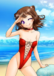 Rule 34 | 1girl, akanako, bang dream!, beach, blue sky, breasts, brown hair, casual one-piece swimsuit, choker, cloud, collarbone, commentary request, cone hair bun, day, hair bun, highleg, highleg swimsuit, highres, looking at viewer, ocean, one-piece swimsuit, one eye closed, outdoors, purple eyes, red one-piece swimsuit, salute, sky, small breasts, solo, standing, swimsuit, tongue, tongue out, toyama kasumi