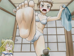 Rule 34 | 2girls, angry, antenna hair, barefoot, blonde hair, blush, bra, cameltoe, changing, feet, gai doh, gts, i-raf-you, lingerie, mini person, miniboy, multiple girls, navel, non-web source, open mouth, panties, short hair, soles, stomping, tears, toes, underwear