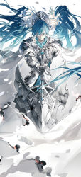 Rule 34 | 1girl, armor, blue hair, breastplate, closed mouth, commentary, english commentary, closed eyes, facing viewer, floating hair, flower, gauntlets, hair flower, hair ornament, hand on hilt, hatsune miku, highres, holding, holding weapon, knight, light brown hair, long hair, nine (liuyuhao1992), outstretched arms, petals, plate armor, smoke, solo, twintails, very long hair, visor (armor), vocaloid, weapon, white background, white flower