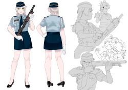 Rule 34 | 2girls, absurdres, aiming, alternate costume, aoba (kancolle), biting, black footwear, commentary request, from behind, full body, gloves, green eyes, gun, hat, high heels, highres, holding, holding gun, holding weapon, kantai collection, kinugasa (kancolle), looking at viewer, multiple girls, multiple views, necktie, ojipon, outstretched arms, pencil skirt, police, police uniform, policewoman, pump action, reloading, shirt, shirt tucked in, shotgun, simple background, skirt, standing, uniform, weapon, white background, zombie, zombie pose