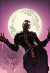 Rule 34 | 1boy, 4boys, c-moon (stand), cassock, contrapposto, cowboy shot, dark-skinned male, dark skin, dress, enrico pucci, full moon, glowing, glowing eyes, highres, inset, jojo no kimyou na bouken, kristallion, made in heaven (stand), male focus, moon, multiple boys, night, night sky, pectorals, pink skirt, ponytail, priest, short hair, skirt, sky, standing, stone ocean, tight clothes, tight dress, white hair, whitesnake (stand)