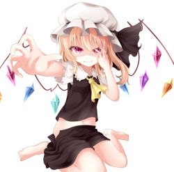Rule 34 | 1girl, alternate color, ascot, bad id, bad pixiv id, barefoot, blonde hair, clothes pull, fang, flandre scarlet, grin, hat, hat ribbon, looking at viewer, midriff, navel, no panties, open clothes, open skirt, outstretched arm, outstretched hand, pink eyes, ribbon, rin yuu, shaded face, shirt, short sleeves, side ponytail, simple background, sitting, skirt, skirt pull, smile, solo, touhou, vest, wariza, white background, wings