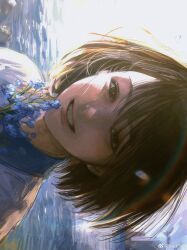 Rule 34 | 1girl, absurdres, artist name, blue flower, brown eyes, brown hair, clenched teeth, flower, hair between eyes, highres, looking at viewer, original, outdoors, portrait, seapall, short hair, sidelocks, smile, solo, teeth, weibo watermark