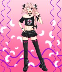 Rule 34 | 1boy, ;d, ankle boots, astolfo (fate), black bow, black choker, black footwear, black shirt, black skirt, black thighhighs, boots, bow, bracelet, braid, chain belt, choker, collarbone, combat boots, commentary request, contrapposto, crop top, cross, fang, fate/apocrypha, fate (series), feathers, fleur-de-lis, full body, greek cross, hair between eyes, hair bow, hair intakes, hair over shoulder, hand on own hip, hand up, highres, jewelry, long hair, looking at viewer, male focus, miniskirt, multicolored hair, navel, off-shoulder shirt, off shoulder, one eye closed, open mouth, pendant, pink background, pink hair, pink ribbon, pleated skirt, print shirt, purple eyes, ribbon, ribbon-trimmed legwear, ribbon trim, risvu, shirt, short sleeves, simple background, single braid, skirt, smile, solo, standing, stomach, streaked hair, studded bracelet, thighhighs, trap, two-tone hair, v, white hair, zettai ryouiki