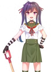 Rule 34 | 10s, 1girl, absurdres, bad id, bad pixiv id, ebisuzawa kurumi, fang, fingerless gloves, gakkou gurashi!, gloves, green skirt, hair ribbon, highres, long hair, looking at viewer, open mouth, purple eyes, purple hair, red ribbon, ribbon, school uniform, simple background, skirt, solo, striped clothes, striped gloves, twintails, unscpro, white background