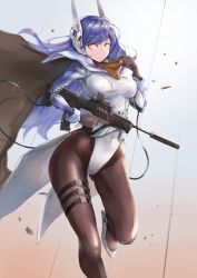 Rule 34 | 1girl, absurdres, assault rifle, bad id, bad pixiv id, black pantyhose, blue hair, breasts, bullpup, closed mouth, extended barrel, full body, girls&#039; frontline, gloves, gun, headgear, high heels, highleg, highleg leotard, highres, impossible clothes, impossible leotard, iruril, iwi tavor, iwi tavor tar-21, leotard, long hair, medium breasts, pantyhose, rifle, solo, suppressor, tar-21 (girls&#039; frontline), tavor tar-21, thigh gap, weapon, yellow eyes