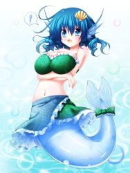 Rule 34 | 1girl, adapted costume, bikini, bikini top only, blue eyes, blue hair, bow, breast lift, breasts, bubble, crossed arms, fins, fish, floral print, green bikini, hair ornament, head fins, highres, large breasts, looking at viewer, matching hair/eyes, mermaid, midriff, miniskirt, monster girl, navel, open mouth, osashin (osada), skirt, solo, speech bubble, swimsuit, tail, tail bow, tail ornament, touhou, underwater, wakasagihime
