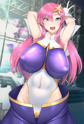 Rule 34 | 1girl, arms up, blue eyes, blush, breasts, covered erect nipples, covered navel, gluteal fold, gundam, gundam seed, gundam seed destiny, hair ornament, hassen (8cm), highleg, highleg leotard, impossible clothes, impossible leotard, large breasts, leotard, long hair, looking at viewer, meer campbell, pink hair, purple leotard, shiny clothes, shiny skin, solo, standing, star (symbol), star hair ornament, white leotard