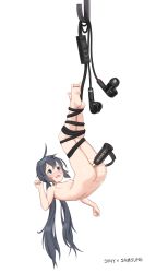 Rule 34 | 1girl, ass, audio jack, bad id, bad pixiv id, barefoot, black hair, blue eyes, blush, bound, bound legs, breasts, commentary request, company name, earbuds, earphones, full body, furrowed brow, long hair, low twintails, mini person, minigirl, nipples, nose blush, nude, object insertion, original, pussy, pussy juice, qianduan mozhi, simple background, small breasts, solo, sony, twintails, vaginal, vaginal object insertion, very long hair, white background