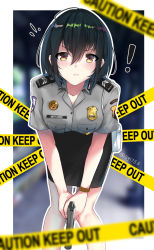 Rule 34 | !, 1girl, artist name, badge, black hair, black skirt, blurry, blurry background, blush, breasts, caution tape, character name, closed mouth, commentary request, grey shirt, gun, handgun, highres, holding, holding gun, holding weapon, indonesia, linzere, looking at viewer, name tag, original, pale skin, patch, pencil skirt, police, police badge, police uniform, policewoman, shirt, short hair, short sleeves, silvia dewi, skirt, solo, twitter username, uniform, watermark, weapon