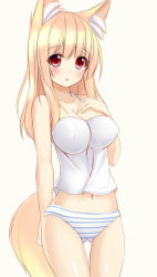 Rule 34 | 1girl, animal ear fluff, animal ears, bare shoulders, blonde hair, blush, breasts, cleavage, covered erect nipples, fox ears, fox tail, highres, long hair, midriff, navel, no pants, open mouth, original, panties, red eyes, sogaya, solo, standing, striped clothes, striped panties, tail, thigh gap, underwear