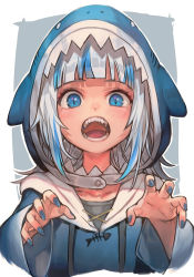 Rule 34 | 1girl, animal hood, blue eyes, blue hair, blue hoodie, blue nails, blunt bangs, blush, claw pose, gawr gura, gawr gura (1st costume), grey background, hololive, hololive english, hood, hoodie, hungry clicker, looking at viewer, medium hair, multicolored hair, nail polish, open mouth, shark hood, sharp teeth, silver hair, simple background, solo, streaked hair, teeth, two-tone hair, upper body, virtual youtuber, white background