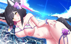 Rule 34 | 1girl, absurdres, animal ear fluff, animal ears, bikini, bikini top lift, black hair, blue archive, blue sky, blush, bottomless, bracelet, breasts, clothes lift, clothes pull, cloud, day, flower, fox ears, fox girl, fox tail, hair flower, hair ornament, halo, highres, jewelry, large breasts, long hair, lying, navel, nipples, on side, open mouth, otakummm, outdoors, pussy, raised eyebrows, rock, sky, solo, stomach, strap slip, swimsuit, tail, thigh strap, uncensored, wakamo (blue archive), wakamo (swimsuit) (blue archive), water, wavy mouth, wet, wet hair, yellow eyes