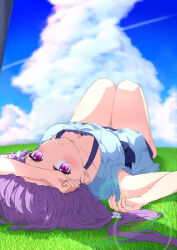 Rule 34 | 1girl, 2023, absurdres, arm above head, arm up, blue dress, blue sky, blush, breasts, cleavage, closed mouth, cloud, collarbone, commentary request, dated commentary, day, dress, eyelashes, grass, hand up, highres, knees up, kyamiuu, large breasts, lens flare, long hair, looking at viewer, low ponytail, lying, mizuori shizuku, on back, outdoors, pink eyes, purple hair, short dress, short sleeves, sky, smile, solo, summer, summer pockets, thigh gap, thighs, very long hair