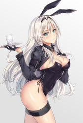 Rule 34 | 1girl, an-94 (girls&#039; frontline), animal ears, aqua eyes, armband, arms up, blush, breasts, collar, collarbone, covered navel, cup, curvy, fake animal ears, girls&#039; frontline, gloves, gradient background, hair rings, hand on own chest, holding, holding plate, ice, ice cube, leotard, long hair, long sleeves, looking at viewer, medium breasts, open mouth, plate, playboy bunny, rabbit ears, rabbit girl, rabbit tail, silver hair, simple background, solo, tail, teeth, thigh strap, yuemanhuaikong