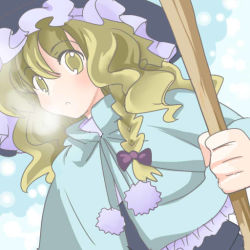 Rule 34 | 1girl, blonde hair, braid, breath, broom, capelet, female focus, holding, kirisame marisa, looking at viewer, nanami sano, pom pom (clothes), simple background, single braid, solo, touhou, upper body, white background, winter, yellow eyes