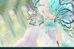 Rule 34 | 1girl, 1other, beehive hairdo, breasts, cathedral, character name, cleavage, closed eyes, crown, dress, fairy, fairy wings, final fantasy, final fantasy xiv, highres, long dress, pixie (ff14), profile, sitting, smile, stained glass, titania (final fantasy), tladpwl03, tyr beq, white dress, white hair, wings