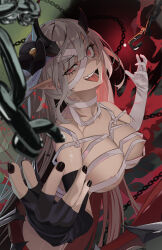 Rule 34 | 1girl, absurdres, areola slip, auguste, bandaged head, bandages, black flower, black gloves, black nails, blunt bangs, breasts, broken, broken chain, chain, crazy eyes, crazy smile, dragon girl, dragon horns, elbow gloves, epic seven, fangs, fingerless gloves, flower, foreshortening, gloves, grey hair, hair flower, hair ornament, half-closed eye, hands up, highres, horns, large breasts, long hair, loose bandages, monster girl, nail polish, nude, one eye closed, open mouth, pointy ears, red eyes, revealing clothes, ringed eyes, smile, standing, tongue, tongue out, very long hair, white gloves, wide-eyed, yufine (epic seven)