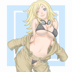 Rule 34 | 1girl, 5tatsu, bad id, bad pixiv id, belly, blonde hair, blue eyes, bra, breasts, eva (metal gear), goggles, goggles around neck, jumpsuit, konami, lingerie, metal gear (series), metal gear solid: portable ops, metal gear solid 3: snake eater, navel, one eye closed, open clothes, open shirt, shirt, smile, solo, stomach, underwear, undressing, wink