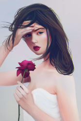 Rule 34 | 1girl, black hair, blue eyes, commentary, dress, english commentary, flower, grey background, highres, holding, holding flower, long hair, looking at viewer, original, parted lips, photo-referenced, pink lips, purple flower, shiro-hane, sleeveless, sleeveless dress, solo, strapless, strapless dress, white dress
