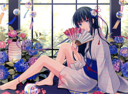 Rule 34 | 1girl, anklet, anko kinako, arm at side, bare legs, barefoot, black hair, blue eyes, blue nails, blunt bangs, closed mouth, floral print, flower, folding fan, from side, hair flower, hair ornament, hair ribbon, hand fan, hydrangea, indoors, japanese clothes, jewelry, kimono, lantern, leaf, long hair, long sleeves, looking at viewer, looking to the side, nail polish, original, pink lips, plant, potted plant, red ribbon, revision, ribbon, sash, short kimono, sitting, smile, solo, striped clothes, striped kimono, tassel, toenail polish, toenails, transparent, very long hair, white flower, wide sleeves, wind chime, window
