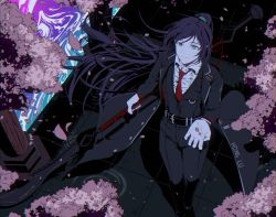 Rule 34 | 1boy, absurdres, belt, black coat, black pants, cherry blossoms, coat, falling petals, formal, heterochromia, highres, holding, holding weapon, hong lu (project moon), limbus company, long hair, necktie, outstretched hand, pants, petals, polearm, ponytail, project moon, purple hair, red necktie, shirt, tractrix, weapon, white shirt