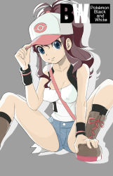 Rule 34 | 1girl, bag, bare arms, bare legs, bare shoulders, baseball cap, black vest, blue eyes, boots, breasts, brown footwear, brown hair, buttons, cleavage, closed mouth, collarbone, copyright name, covered erect nipples, creatures (company), denim, denim shorts, game freak, hand on foot, hand on headwear, hand up, hat, high ponytail, highres, hilda (pokemon), knees up, long hair, looking at viewer, makoto daikichi, medium breasts, nintendo, pokemon, pokemon bw, ponytail, shirt, short shorts, shorts, shoulder bag, sidelocks, sitting, sleeveless, sleeveless shirt, smile, solo, spread legs, vest, white shirt, wristband