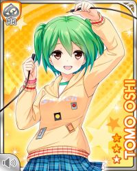 Rule 34 | 1girl, black legwear, bow, brown eyes, card (medium), character name, girlfriend (kari), green hair, hair bow, halftone, halftone background, holding, hood, hood down, hoodie, looking at viewer, official art, open mouth, orange background, oshi tomo, plaid, plaid skirt, qp:flapper, school uniform, skirt, smile, solo, sparkle, star (symbol), starry background, teeth, upper teeth only, watch, wire, wristwatch