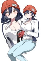 Rule 34 | 1girl, :&lt;, beanie, black hair, blue pants, blush, breasts, brown eyes, character name, cleavage, closed mouth, commentary, cropped torso, denim, english commentary, english text, feet out of frame, gloves, hair between eyes, hat, highres, invisible chair, izumo fuuko, jacket, jeans, large breasts, long sleeves, looking at viewer, multiple views, open clothes, open jacket, pants, red beanie, red gloves, short hair, simple background, sitting, steepled fingers, sweat, tank top, track jacket, undead unluck, wavy mouth, white background, white tank top, youguo naberu