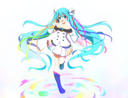 Rule 34 | 1girl, :d, absurdres, aoi thomas, bad id, bad pixiv id, black footwear, blue eyes, blue hair, blush, boots, bow, commentary request, detached sleeves, hair between eyes, hair bow, hand up, hatsune miku, headset, highres, long hair, long sleeves, looking at viewer, off-shoulder shirt, off shoulder, open mouth, pleated skirt, see-through, shirt, skirt, smile, solo, standing, standing on one leg, twintails, very long hair, vocaloid, white background, white bow, white shirt, white skirt, wide sleeves