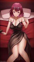 Rule 34 | 1girl, absurdres, armpit crease, bare legs, bare shoulders, bed, black dress, black panties, breasts, cleavage, collarbone, commentary, condom, condom box, condom wrapper, dress, english commentary, eyewear on head, feet out of frame, hair between eyes, highres, honkai: star rail, honkai (series), indoors, jewelry, kafka (honkai: star rail), lace dress, large breasts, lingerie, long hair, looking at viewer, multiple condoms, nail polish, necklace, on bed, paid reward available, panties, pillow, purple eyes, purple hair, purple nails, rayleigh scale, round eyewear, see-through, see-through dress, side slit, sidelocks, sitting, smile, solo, sunglasses, teeth, twitter username, underwear