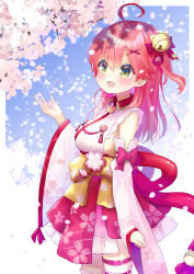 Rule 34 | 1girl, ahoge, bell, blush, cherry blossom print, cherry blossoms, chocomarybadend, detached sleeves, floral print, green eyes, hair bell, hair ornament, hairclip, hololive, open mouth, paw print, paw print pattern, petals, pink hair, sakura miko, sakura miko (1st costume), solo, virtual youtuber, x hair ornament