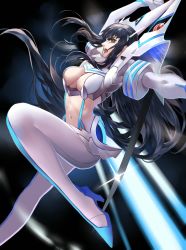 Rule 34 | 10s, 1girl, armor, bakuzan, black hair, boots, breasts, citemer, cleavage, cleavage cutout, clothing cutout, glint, high heel boots, high heels, highres, junketsu, kill la kill, kiryuuin satsuki, large breasts, liuruoyu8888, living clothes, long hair, navel, revealing clothes, spikes, suspenders, sword, thigh boots, thighhighs, weapon