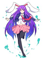 Rule 34 | 1girl, animal ears, black pantyhose, blazer, breasts, full body, highres, ishimu, jacket, long hair, looking away, medium breasts, miniskirt, navel, necktie, one-hour drawing challenge, outstretched arms, pantyhose, pink skirt, purple hair, rabbit ears, red eyes, red necktie, reisen udongein inaba, shirt, skirt, smile, solo, spread arms, touhou, very long hair, white shirt, wind, wind lift